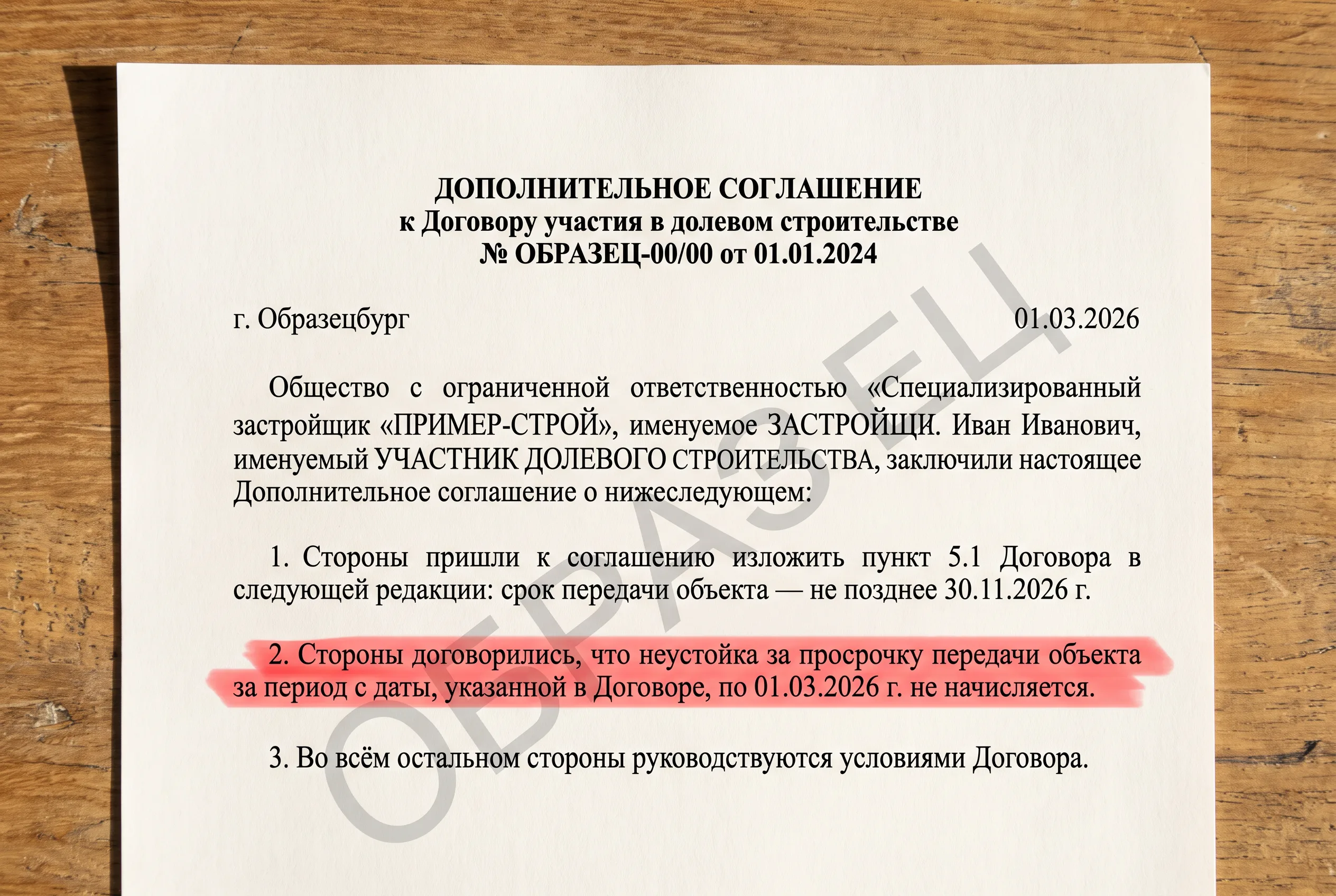 Образец допсоглашения о переносе срока по ДДУ с выделенным пунктом об отказе от неустойки